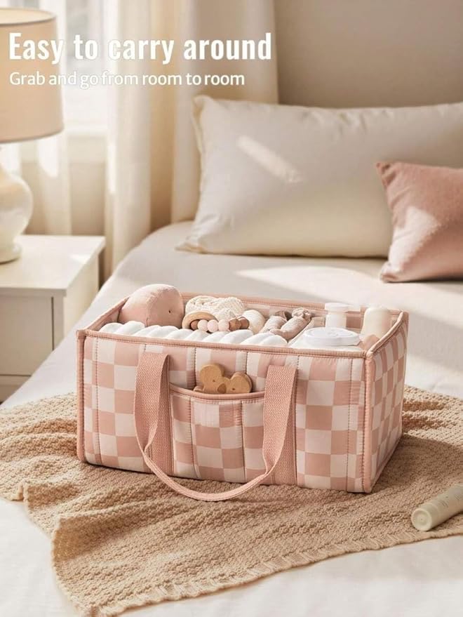 Diaper Caddy Organizer,Cute Floral Nursery Storage Basket,Soft Portable Changing Table Car Caddy Organizer Gift (Checkered B)