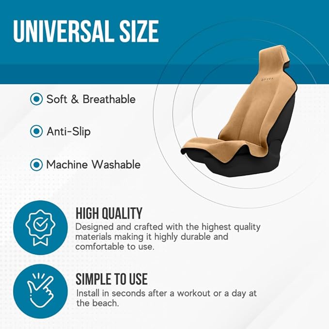 DryvaSeat - Premium Microfiber Towel Car Seat Cover - Waterproof & Sweatproof - Universal Fit, Machine Washable, Non-Slip - Seat Protector for Car, Truck, SUV, Van (Tan, 2 Pack)