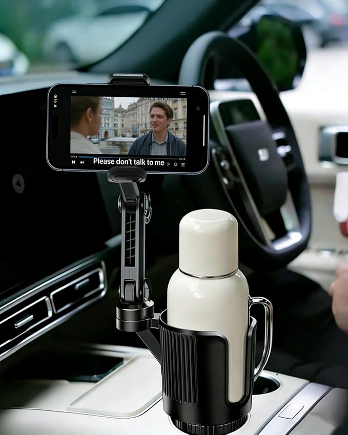 Cup Phone Holder for Car with Expandable Base, Upgraded 2 in 1 Hands Free Cellphone Holder Cupholder Car Mount, Stable Retractable Long Arm Universal Fit iphone and Large Bottle, for Truck SUV