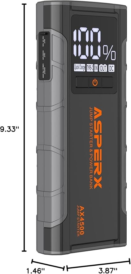 AsperX AX4500 Jump Starter, 4500A Peak Car Jump Starter for Up to All Gas and 10.0L Diesel Engines, 12V Battery Starter with 4 Inch LCD Display, Lithium Battery Booster with Built-in LED Light