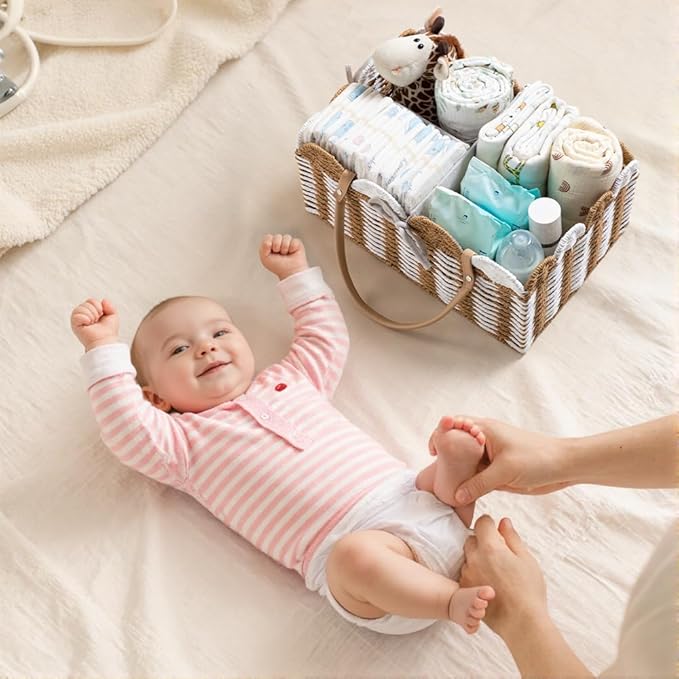 HBlife Baby Diaper Caddy, Paper Rope Storage Baskets Nursery Bin with Removable Divider, Portable Car Organizer for Diapers, Baby Shower Gifts, Newborn Essentials Must Haves