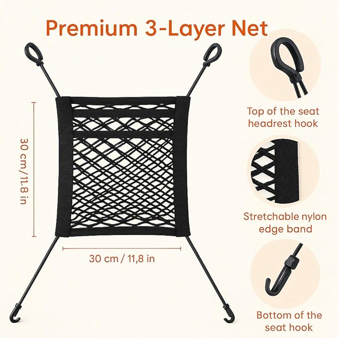 Cutie's PetBox 3-Layer Dog Car Net Barrier – Pet and Child Safety Divider for Cars & SUVs, with Reinforced Mesh Storage Pockets, 12"x12" Size