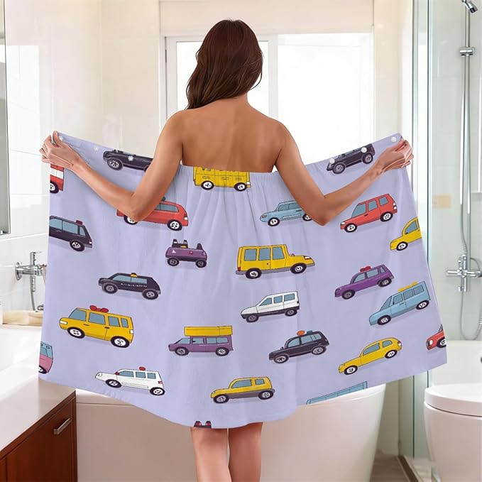 Women's Bath Wrap Cute Cars Pattern Absorbent Shower Spa Body Bath Robe Wraps Bathrobe Towel with Adjustable Closure