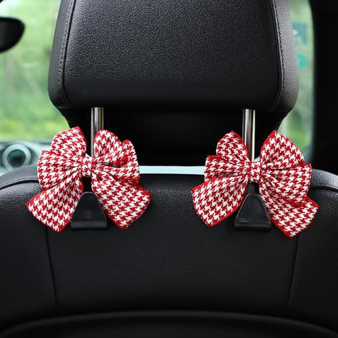 2-Pack Car Purse Hooks for Hanging Purses and Bags, Cute Bow car seat headrest Hooks for Hanging car Purse Hooks. (Houndstooth red)