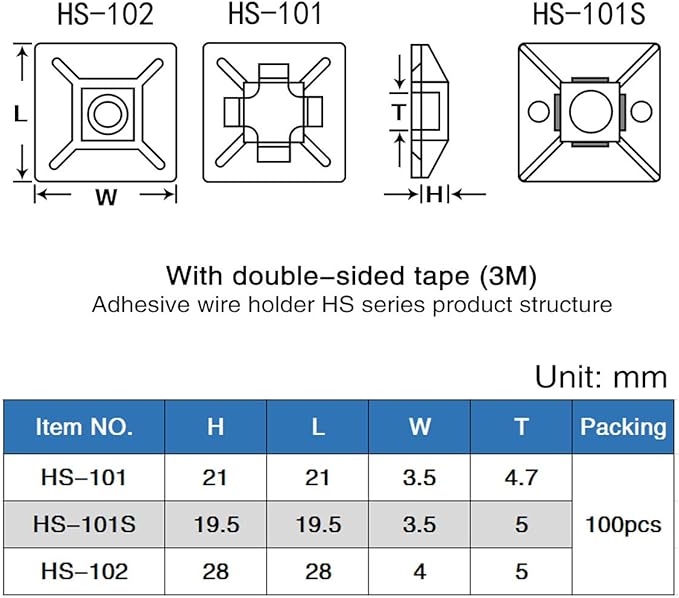 XHF 100 PCS 1.1" White Self Adhesive Cable Zip Tie Mounts Wire Cable Clips Holders Management Anchors Organizer Holders Squares(HS-102)