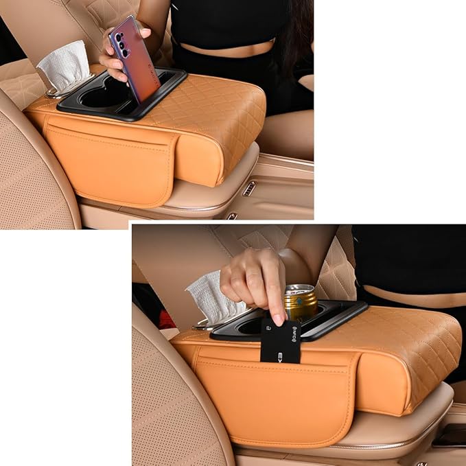 Car Armrest Cushion,5-in-1 Center Console Cover with 2 Storage Bags Cup Holder, Tissue Box Slot, Phone Slot for Sedans, Car Accessories Interior Organizers (Black red)