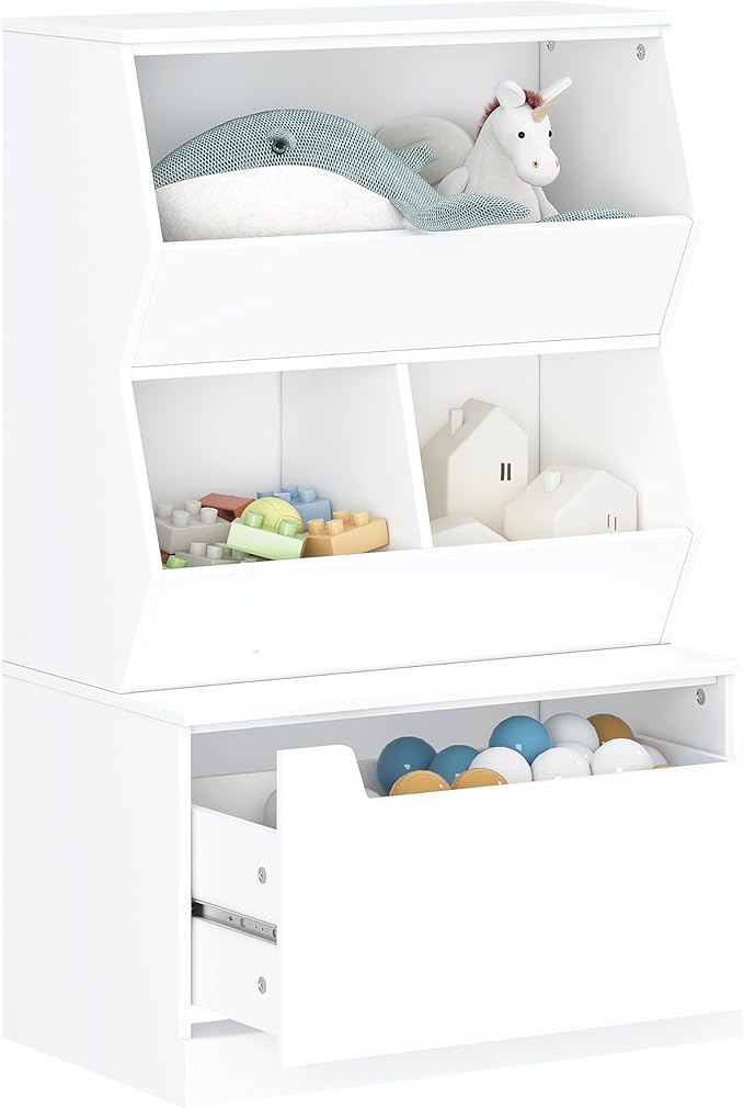 UTEX Kids Toy Storage Organizer, Bookshelf for Kids and Bookcase with Drawer, Children Open Storage Cubby for Bedroom Playroom Nursery White