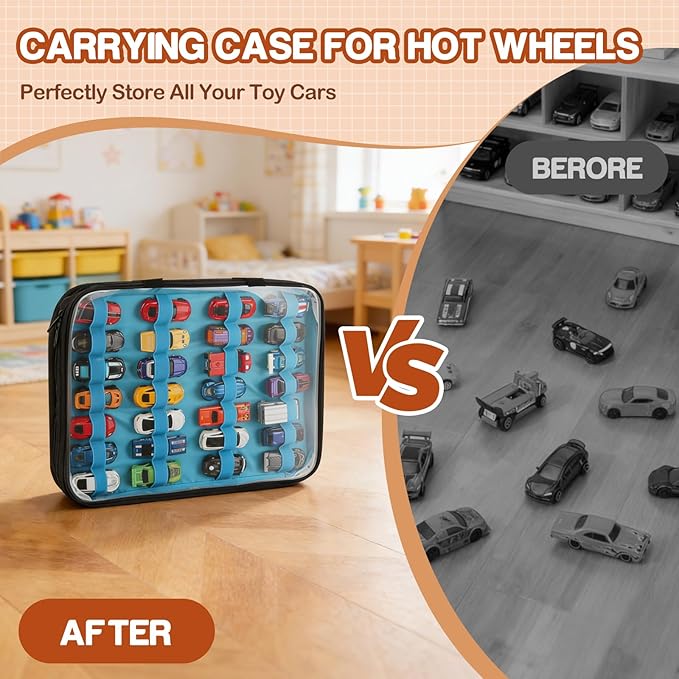 56 Slots Car Storage Case with Play Mat for Hot Wheels Garage & Matchbox Cars, 1/64 Scale Diecast Toy Car for Double-Sided Storage Carrying Bag, Portable Organizer for Hot Wheels Display Case
