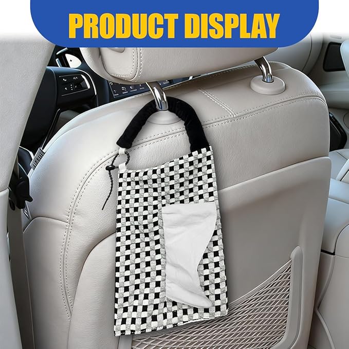 Car Tissue Holder, Checkered Pattern Car Backseat Napkin Holder, Rectangular Canvas Hanging Auto Tissues Box, Universal Vehicle Storage Organizer Accessory for Phone, Small Items (Black)