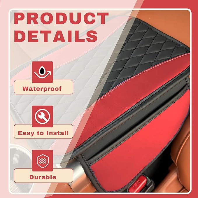 Leather Car Center Console Cover with Side Pockets, Upgraded Arm Rest Cover for Car Seat Organizer, Middle Console Cover Stylish Car Decoration, Universal for Most Vehicles (Red)