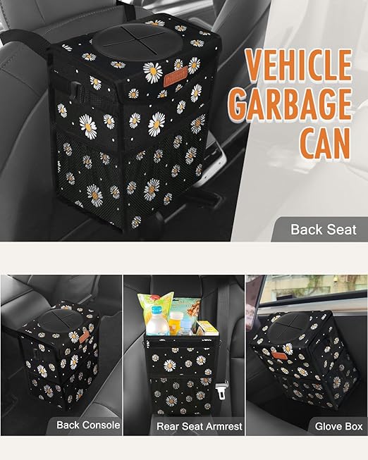 Car Trash Can with Lid, Cute Leakproof Car Trash Garbage Bag Hanging Vehicle Trash Bin Small Portable Automotive Garbage Cans Organizer for Back/Front Seat/Console(2.8 Gallons,Black Flower)
