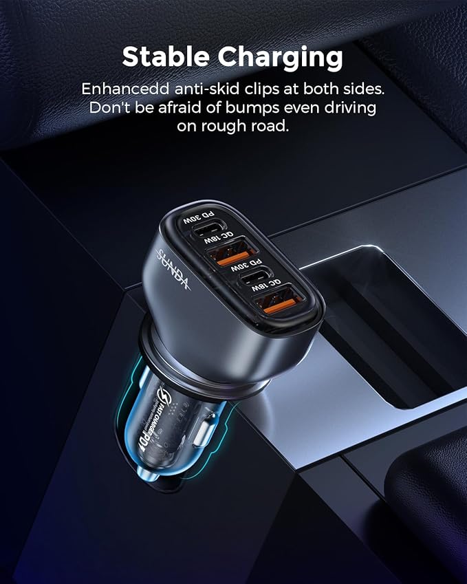 SUNDA 60W USB C Fast Car Charger, 4-Ports Car Charger Adapter, Dual Type C PD30W/PPS30W Compatible with iPhone17/16 Pro/Max/iPhone15/Galaxy/SamsungS25, Dual USB-A 18W QC3.0 for Android(Gray)