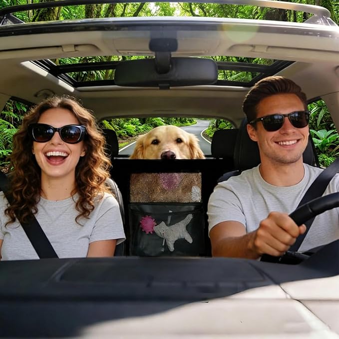 Dog Car Barrier & Seat Belt Set, Heavy Duty Canvas Car Seat Divider for Dogs with Double-Sided Organizer, Adjustable Elastic Straps, Precision Fit for SUVs & Cars, Pet Travel Safety Kit