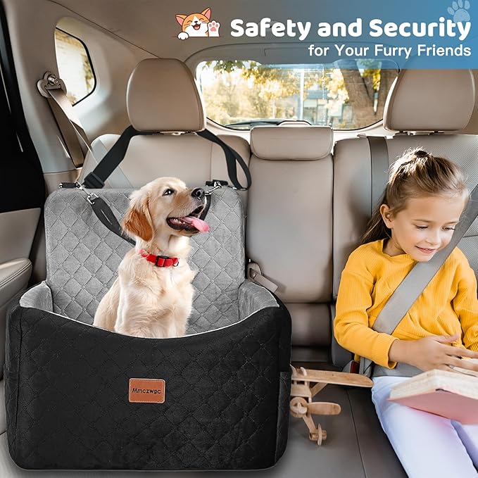 Dog Car Seat for Small Medium Dogs Up to 40 lbs – Dog Booster Seat with 6-Inch Memory Foam, Pet Car Seat with Removable Washable Cover, 3 Safety Belts & 2 Storage Bags (Black/Gray)