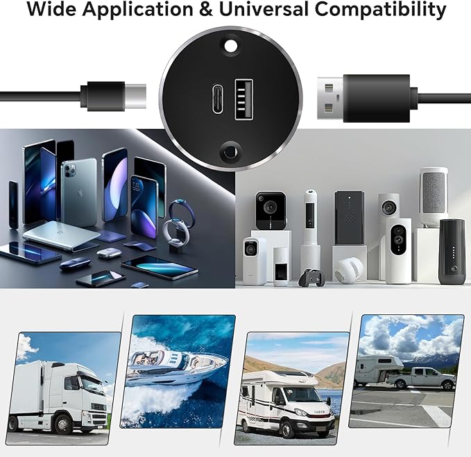 12V USB Outlet All-Aluminum QC 3.0 USB-A & USB-C PD3.0 Dual High-Speed Charger Socket, Recessed Mount Type-A Type-C Port for Camper Van Trailer RV Boat Truck (Big Version)