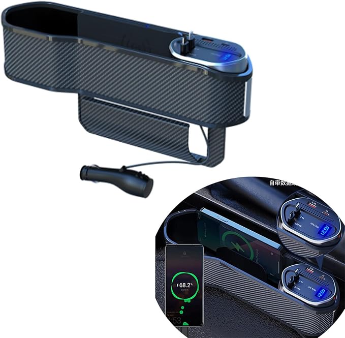 Universal Car Seat Gap Filler Organizer,Storage Box with Cup Holder Dual USB ports,2 Charging Cables and Wireless Charger,Cigarette Lighter,Car Front Seat Box for Multifunctional Car Interior Access