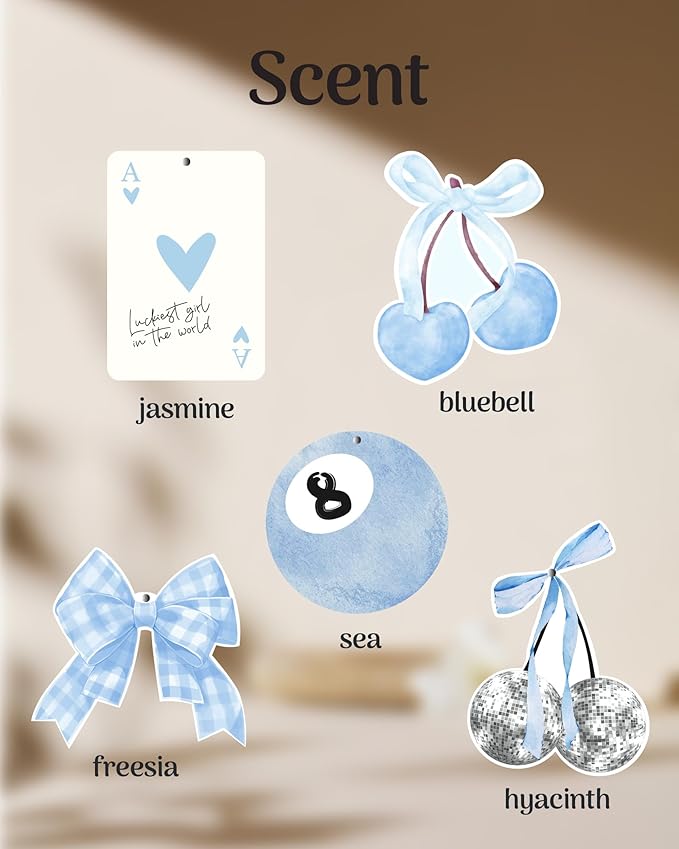 Coquette Girly 5pcs Car Air Freshener Cute Blue Bow Cherry Automotive Accessories Car Interior Hanging Scents Decor for Women Teen Girls