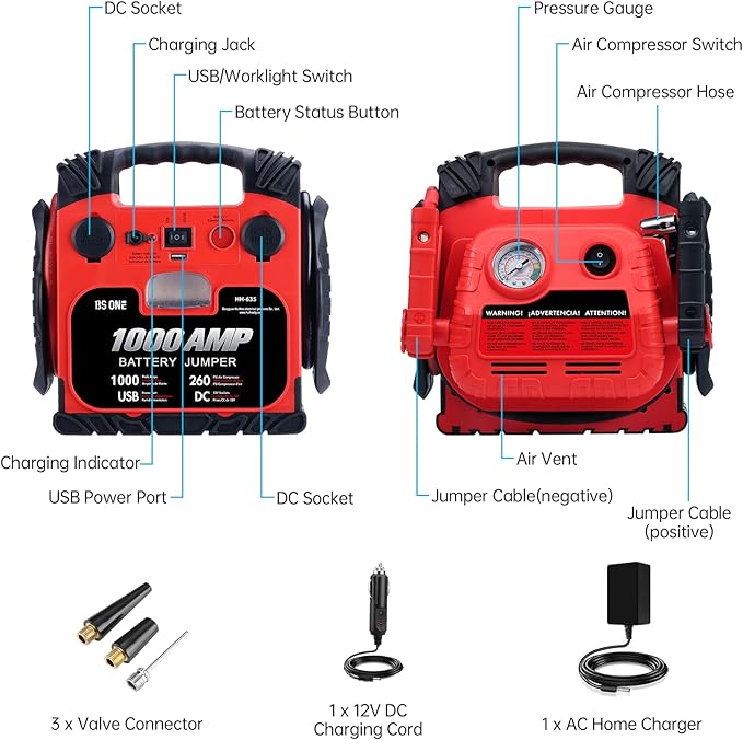 BS ONE 1000 Amp Peak Current Car Jump Stater, 12V Lead Acid Battey Jump Box with 260PSI Air Compressor, Jump Starter Battery Pack with Led Light & USB Output