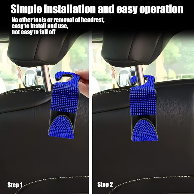OSIFIT 2PCS Car Seat Hooks, Bling Car Rhinestone Headrest Hooks, Universal Bling Car Interior Accessories, for Handbag, Clothes, Purse, Water Bottle (Blue)