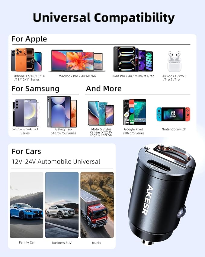 AKESR 65W USB C Car Charger Fast Charging,12V USB Outlet Accesorios para Carro,Cigarette Lighter USB Charger,Car Phone Charger for iPhone/17/16/15/14/13 Samsung S25 S24 S23Google Android