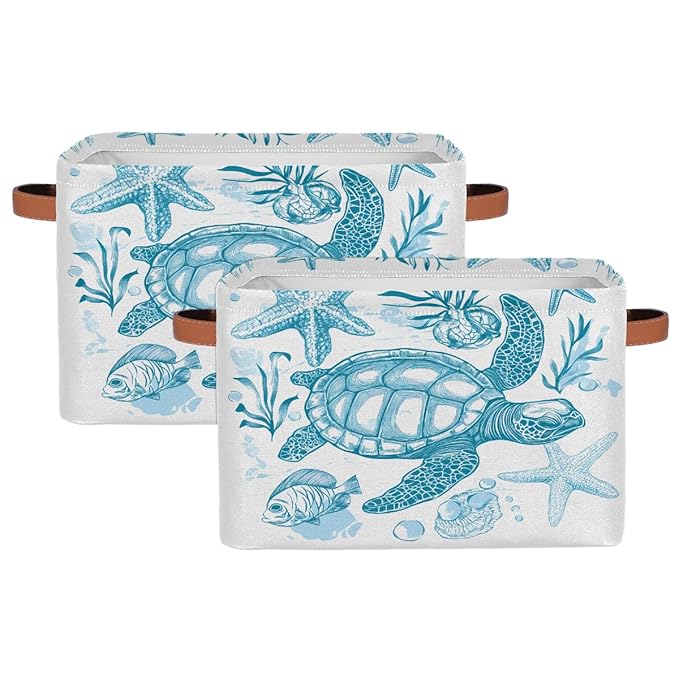 Sea Turtle Storage Baskets for Organizing, Fabric Collapsible Storage Bins Box Ocean Animal Fish Decorative Toy Organizer Baskets for Closet Shelves Gift Basket 2Pcs