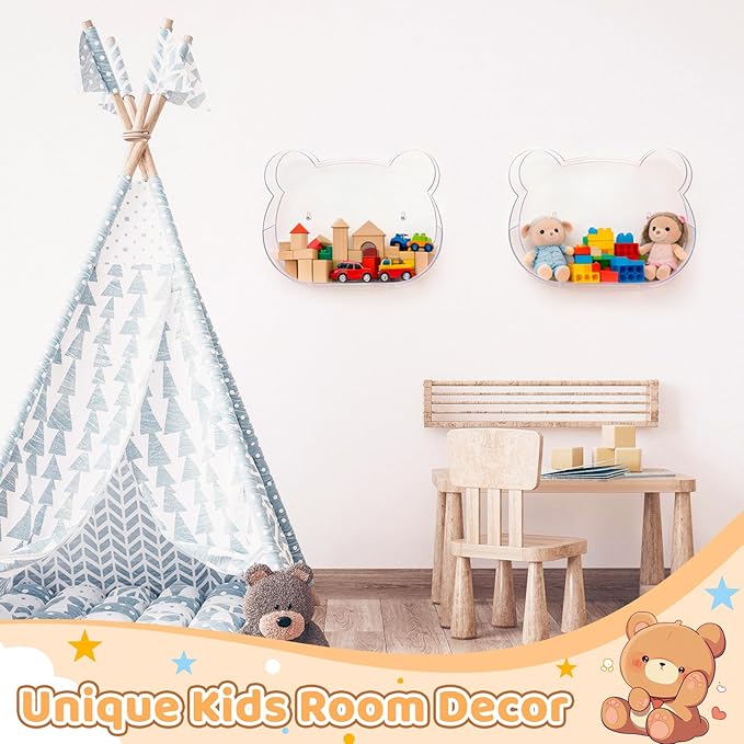 2 Pack Acrylic Wall Organizer, Acrylic Toy Dispenser for Wall, Bear Shape Toy Storage Display with Back Panel Hanging Clear Holder for Blocks, Snacks, Cars