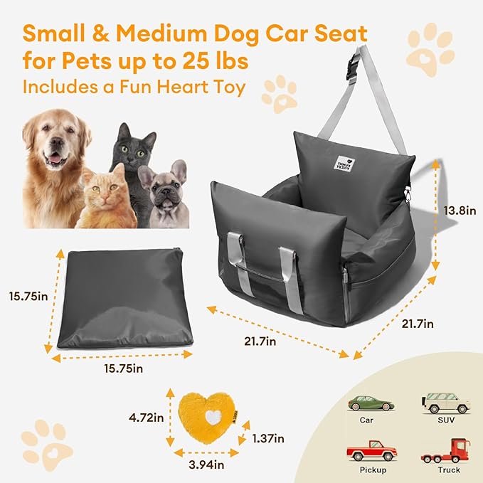 FUNNY FUZZY Dog Car Booster Seat for Small/Medium Dogs up to 25lbs – Waterproof, Non-Slip Base, Safety Leash & Fully Washable Design for Safe and Comfortable Travel (Gray)