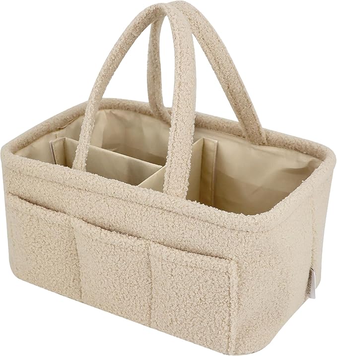 Baby Diaper Caddy Organizer – Soft Beige Sherpa with 3 Removable Compartments & 6 Side Pockets – Perfect Nursery Storage Bin & Car Organizer for Diapers, Baby Wipes, and Essential Supplies.