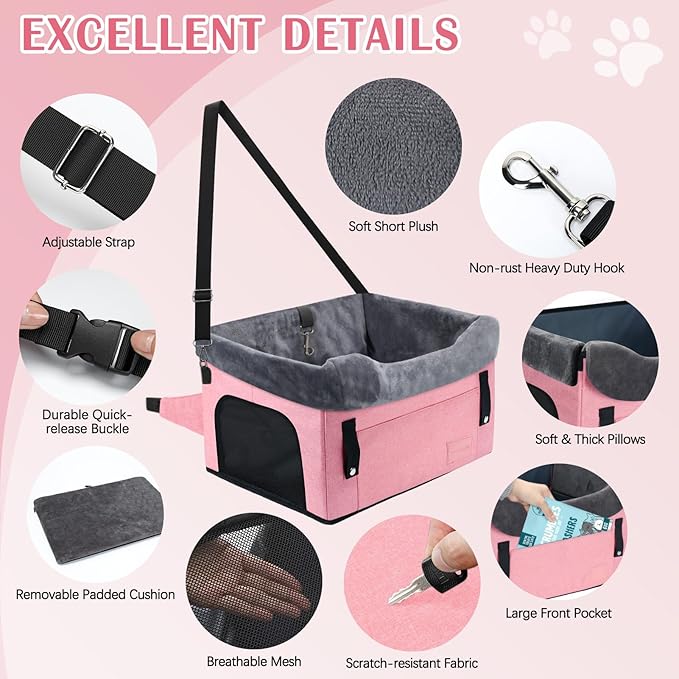 PetsHome Dog Car Seat for Small Dogs, Detachable Washable Pet Booster Seat with Storage Pocket, Breathable Mesh, Safety Leash, Adjustable Straps for Small Pets Up to 25lbs-Pink