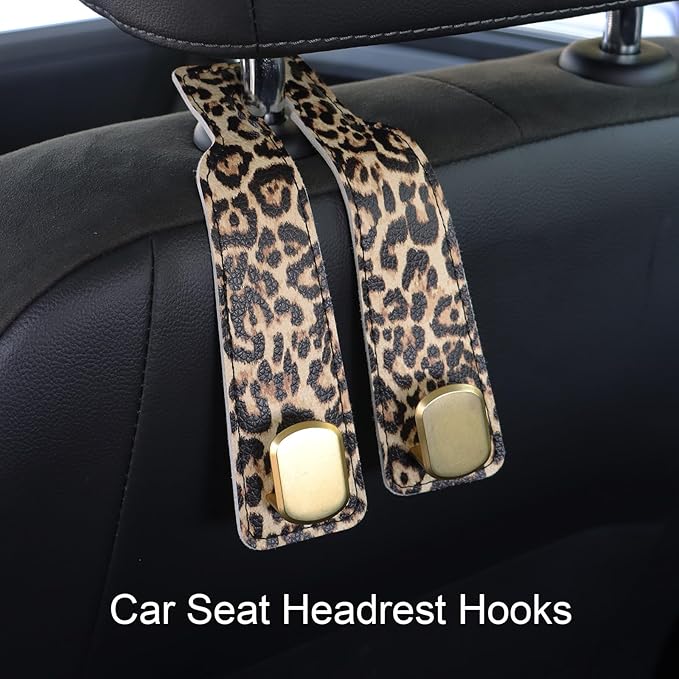 Purse and Bag Hook for Car, Zinc Alloy Seat Headrest Hooks, Upgraded Leather Car Seat Back Purses Hanger and Bags Holder (Leopard, 2Pack)
