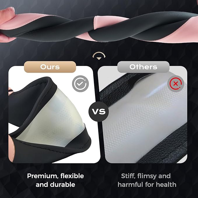 Coverado Car Steering Wheel Cover, Nappa Leather Black & Pink Steering Wheel Covers for Women, Universal 14-15 inch, Anti-Slip, Breathable Steering Wheel Protector