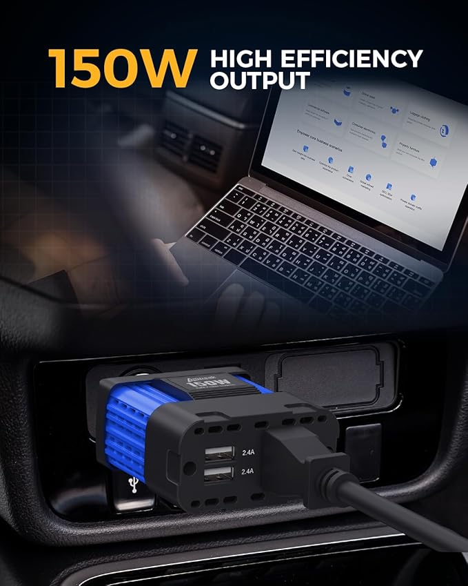 Ampeak 150W Car Power Inverter 4.8A Dual USB Ports AC Outlet Car Adapter Cordless Car Inverter 12V DC to 110V AC Car Adapter for Plug Outlet