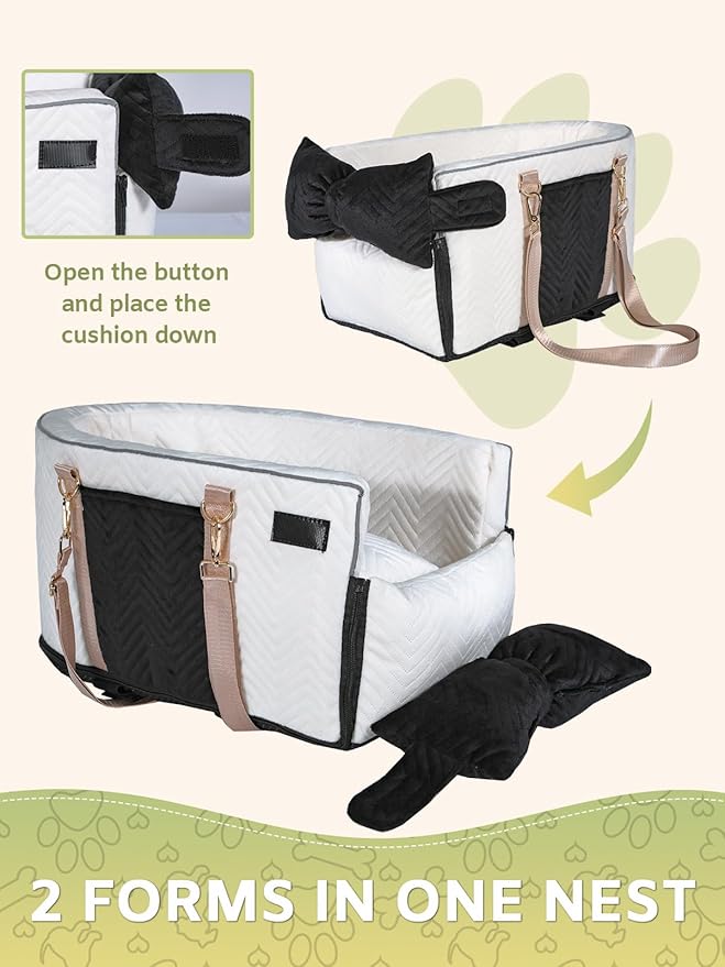 Prpeko Small Dog Car Seat, Portable Dog Seat with Soft Washable Cushion,Center Console Dog Car Seat for Small Dogs Up to 13lbs(White)