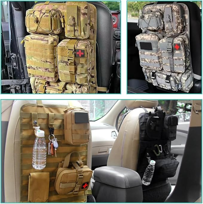 Car Seat Back Organizer, Tactical MOLLE Sag Proof Vehicle Panel Backseat Cover Protector, Universal Molle Nylon Storage Bag Seat Back Hanger Pad for Car Truck SUV Pickup (Camouflage ACU)