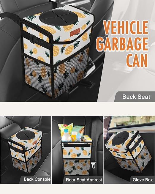 Car Trash Can with Lid, Cute Leakproof Car Trash Garbage Bag Hanging Vehicle Trash Bin Small Portable Automotive Garbage Cans Organizer for Back/Front Seat(Trapezoid,Pineapple Print