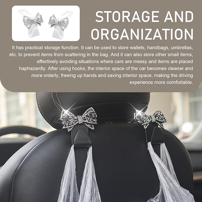 2 PCS Bling Car Seat Headrest Hooks, S Type Crystal Rhinestone Bow Vehicle Seat Back Storage Hooks for Purses Bags Groceries, Universal Diamond Car Rear Seat Organizer (White)