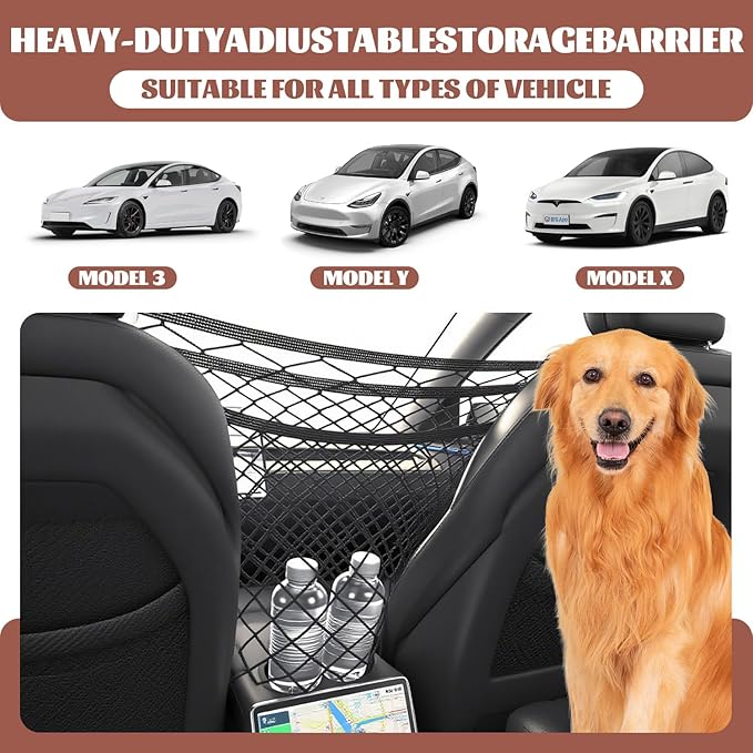 KVI Pet Car Barrier Mesh Net - Universal Fit for Cars/SUVs/Trucks, Tesla Model 3/Y/X Compatible Stretchable Storage Organizer Crash Tested Dark Black