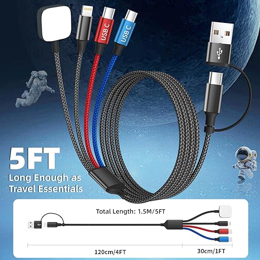 Dual Type-C Port 4 in 2 Multi Charging Cable for iWatch Charger/iPhone17/IP, Cruise Travel Essentials 2026, USBA/USBC Cable for iWatch Ultra/SE/11-2, iPhone17-8, Pad, GalaxyS26, Car Charger- 2Pcs 5FT