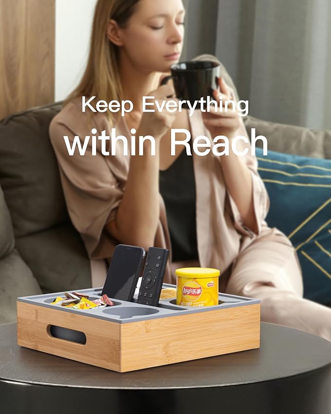Couch Cup Holder with Lid, Silicone Bed Caddy with Cup Holder, Bed Organizer for Drinks, Snacks, Remotes, Bamboo Couch Caddy for Sofa, Bed and Car(Dark Grey)