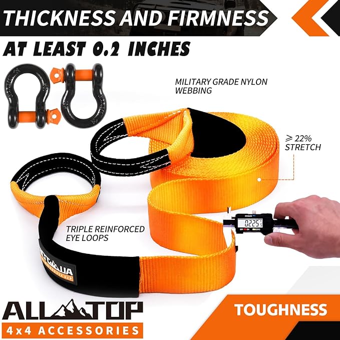 ALL-TOP Extreme Duty Tow Strap Recovery Kit: 4inch x 20ft (46,500lbs) 100% Nylon and 22% Elongation Snatch Strap + 3/4 Heavy Duty D Ring Shackles (2pcs) + Storage Bag