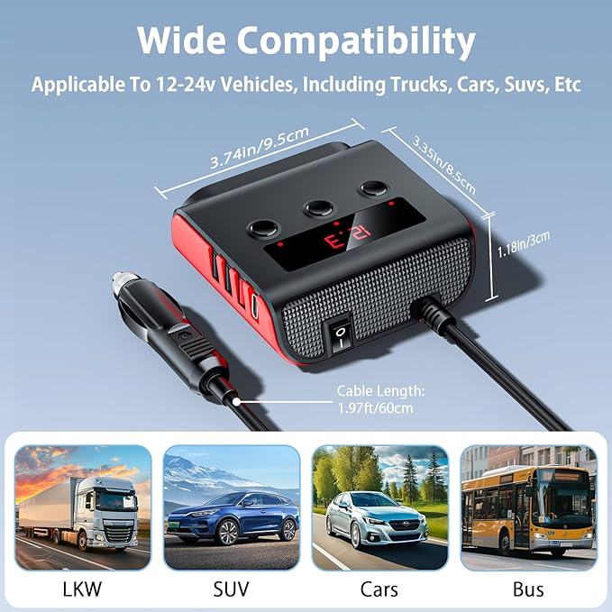 7 in 1 Cigarette Lighter Splitter, SONRU 3 Sockets Cigarette Lighter Splitter with PD Ports 3 Fast Charging USB Ports, 120W 12V/24V DC Independent Power Switches & LED Voltage Display
