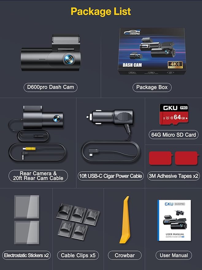 GKU Dash Cam Front and Rear Camera,4K+1080P, 5.8GHz WiFi & GPS Dash Camera for Cars,with 64G SD Card,1.47" Display Dashcam, 24HParking Mode,App,Super Night Vision,Support Max 256GB (D600Pro)