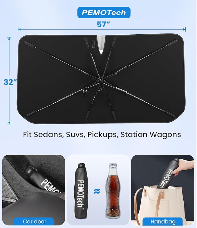 PEMOTech 2026 Upgraded Versatile Car Umbrella Windshield Sun Shade for Four-door sedan and Large | Keep Cool & Protect Interior | Reliable UV Blocker&Heat Shield | Car Window Shades | Medium (57"x32")