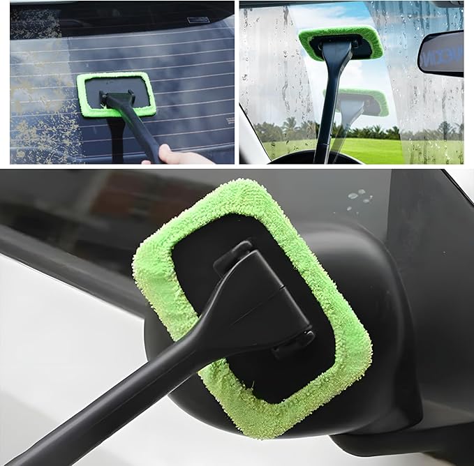 KVAEY Car Windshield Cleaning Tool, Microfiber Window Cleaner with 4 Washable Reusable Cloth Pad & Extendable Handle, Auto Glass Cleaning Kit with Spray Bottle for Glass Wiper