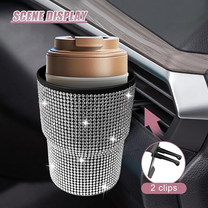 Bling Rhinestones Car Air Vent Trash Can, Hanging Automotive Cup Holder with 2 Hooks, Multi-Function Vehicle Door Organizer Accessories for Key, Pen, Water Bottles, Cellphone(White)