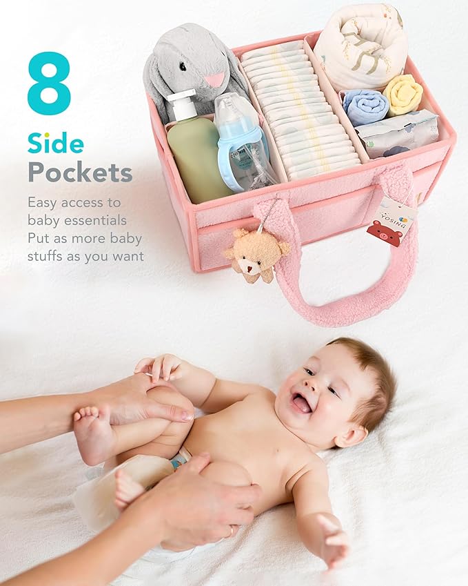YOSING Cute and Playful Pink Diaper Caddy Organizer, 13 Compartments, Adjustable, Baby Diaper Caddy for Car, Changing Table, Nursery Storage, Car Organizer for Diapers and Baby Wipes