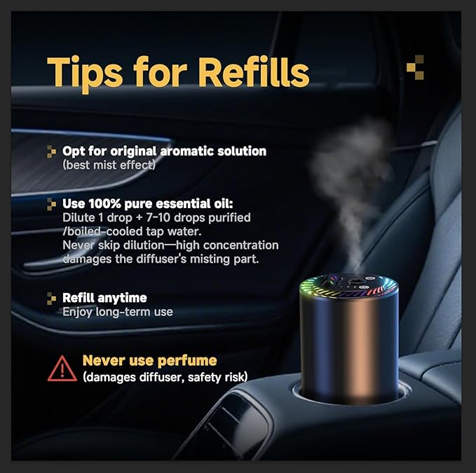 Smart Car Air Freshener with Star Light & 200ml Diffusers Oil Refills, Auto On/Off Aroma Diffuser, 3 Adjustable Mist Modes Rechargeable Aromatizante para Carro - Car Diffuser(Cologne*4)