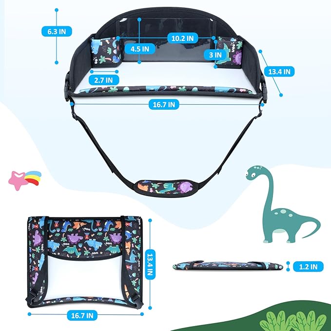 Kids Travel Tray for Toddler Carseat, Road Trip Activities Essentials for Toddler, Kids Travel Lap Desk Tray with Holder Stand & Dry Erase Board (Dinosaur)