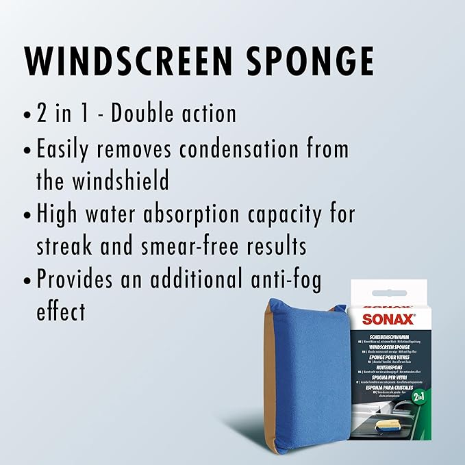 SONAX Windscreen Sponge 417100 | Dual Action Cleaning Sponge for Streak Free Glass | Easily Removes Dirt Fog and Condensation from Windshields Windows and Mirrors | Compact and Reusable
