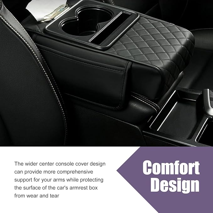 Car Center Console Cover Organizer, Multifunctional Storage Box with Cup Holders & Tissue Box & Phone Slot, Highly Elastic Comfort Arm Rest Cushion for Cars (Black)